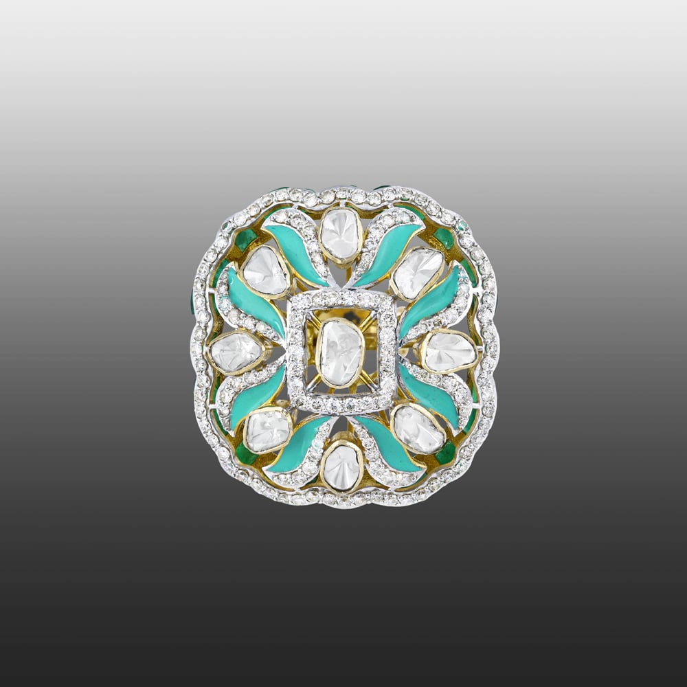 Polki Ring with Turquoise Enamel and Diamond Accents